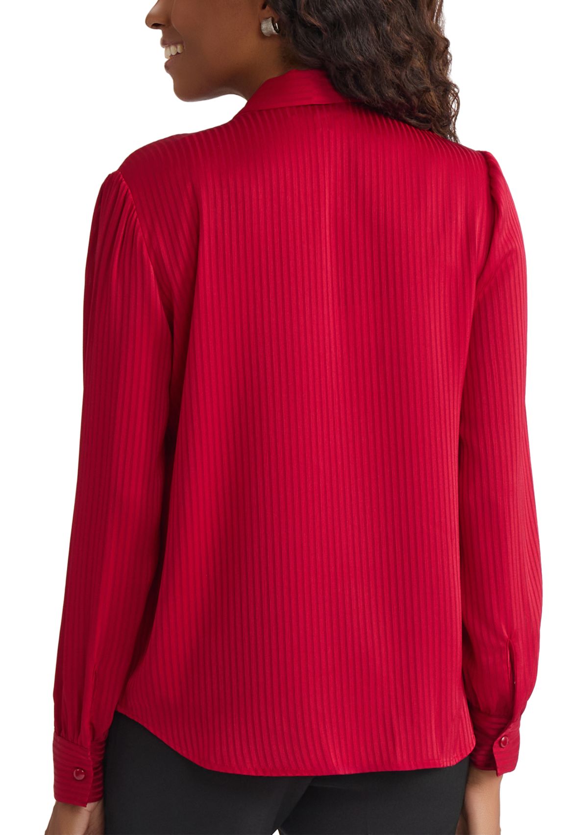 Womens Satin Stripe Long Sleeve Bow Blouse
