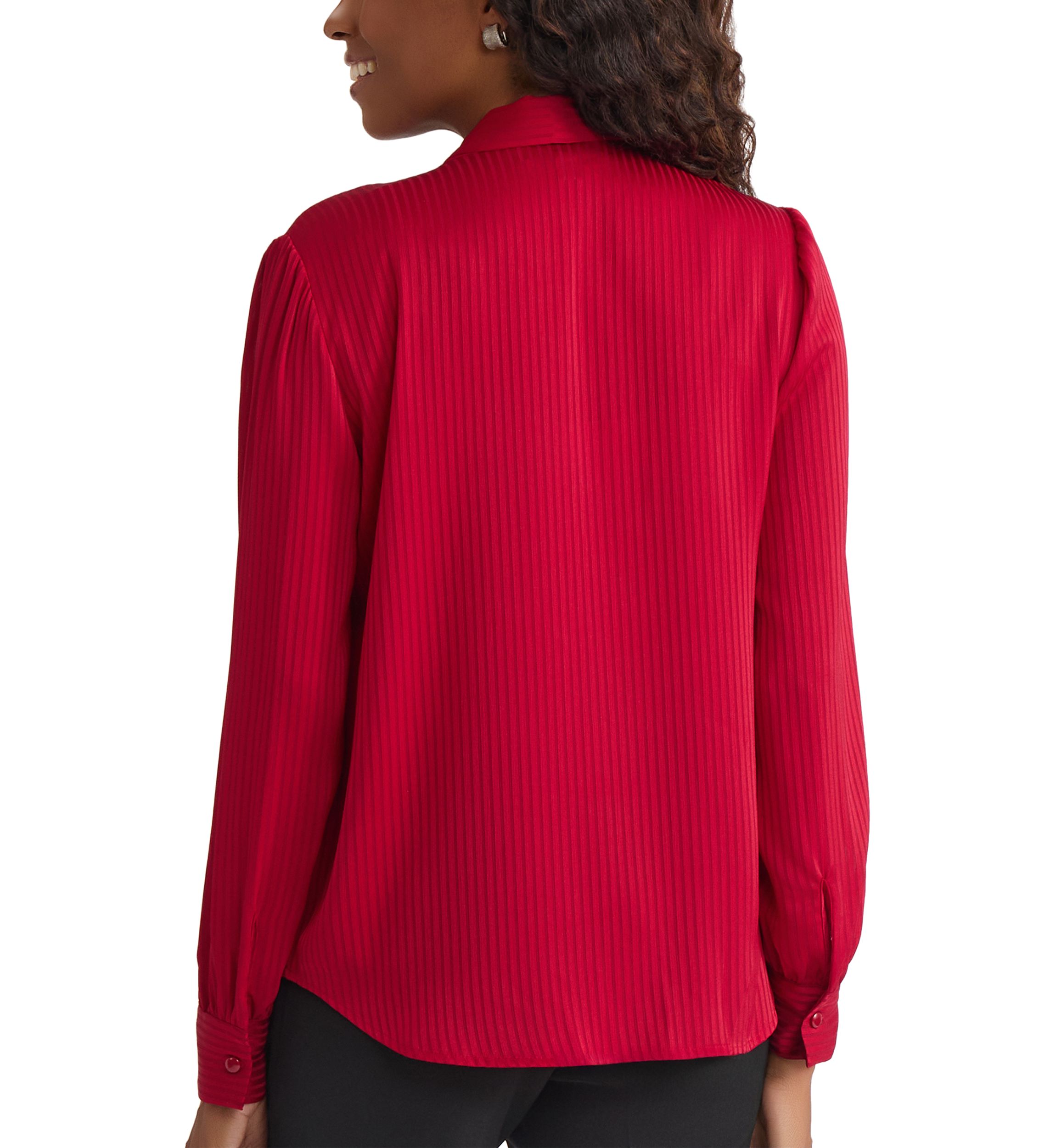 Womens Satin Stripe Long Sleeve Bow Blouse