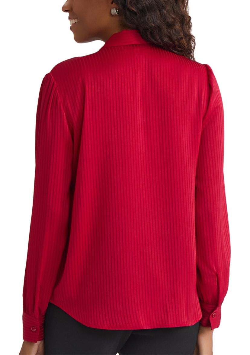 Womens Satin Stripe Long Sleeve Bow Blouse