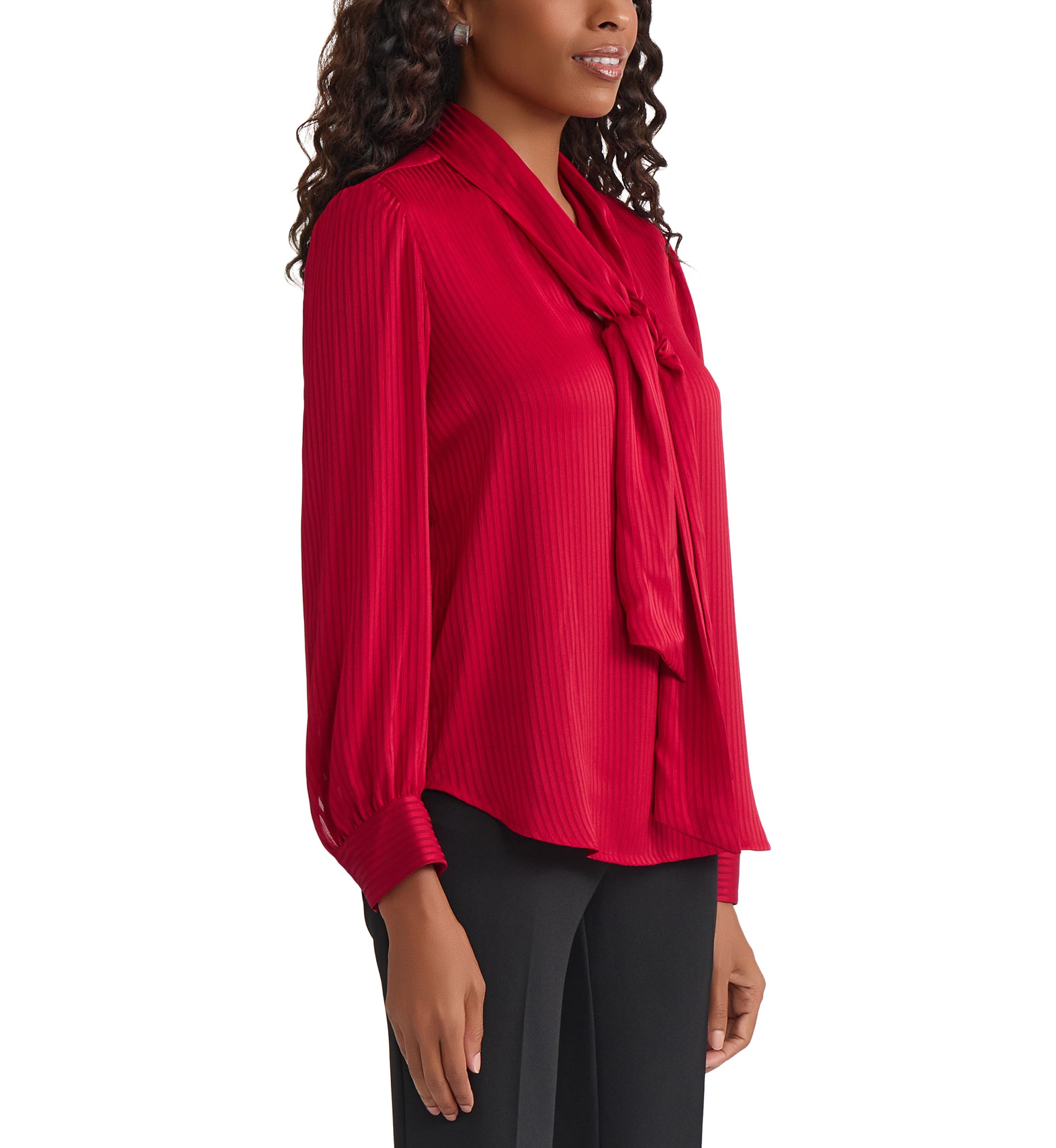 Womens Satin Stripe Long Sleeve Bow Blouse