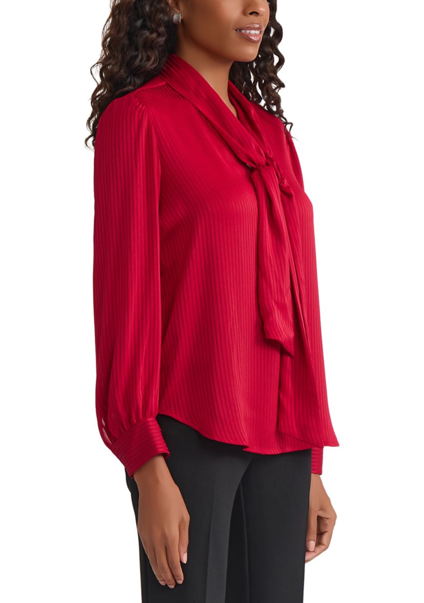 Womens Satin Stripe Long Sleeve Bow Blouse