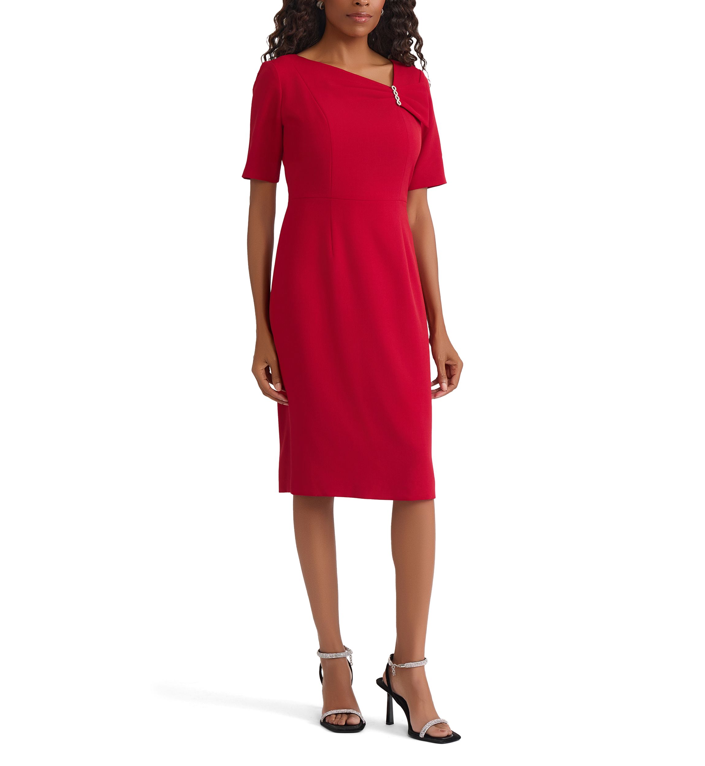 Womens Stretch Crepe Elbow Sleeve Dress with Embellishment