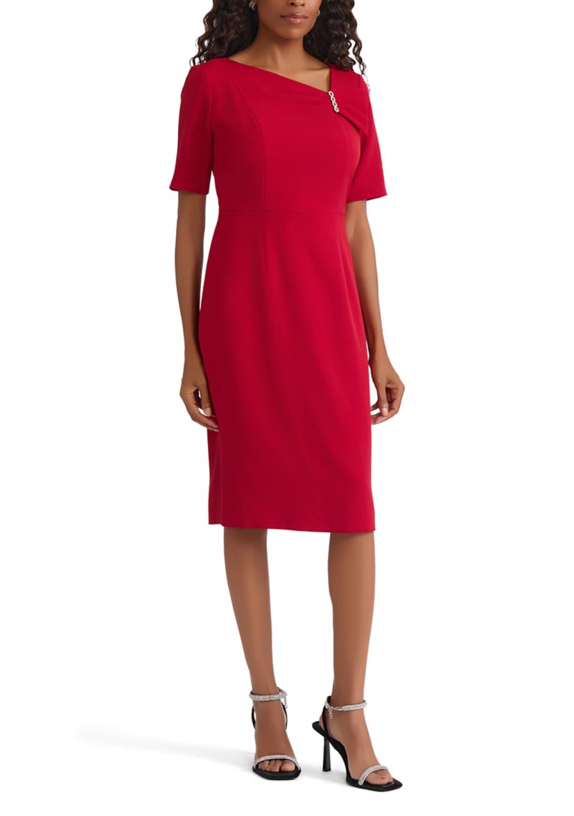 Womens Stretch Crepe Elbow Sleeve Dress with Embellishment