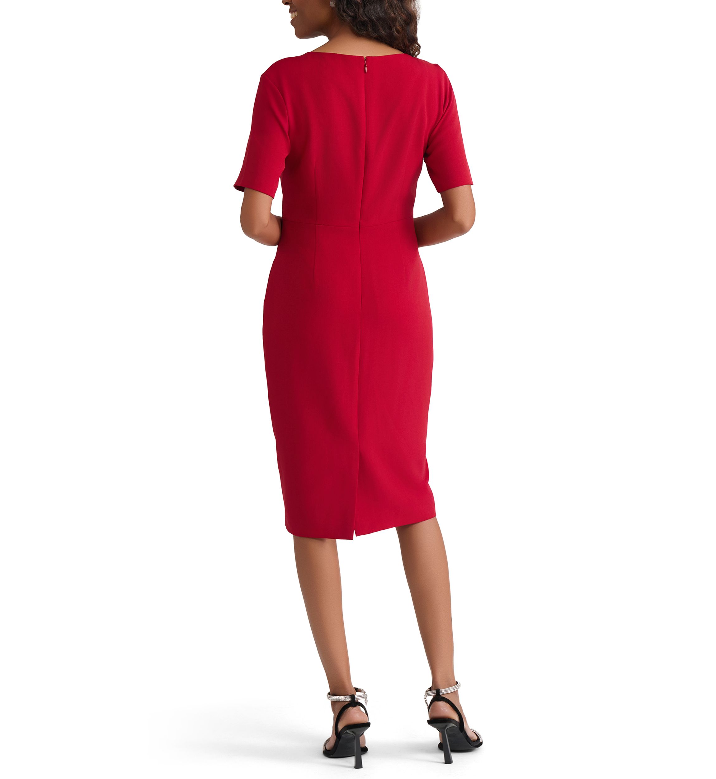 Womens Stretch Crepe Elbow Sleeve Dress with Embellishment