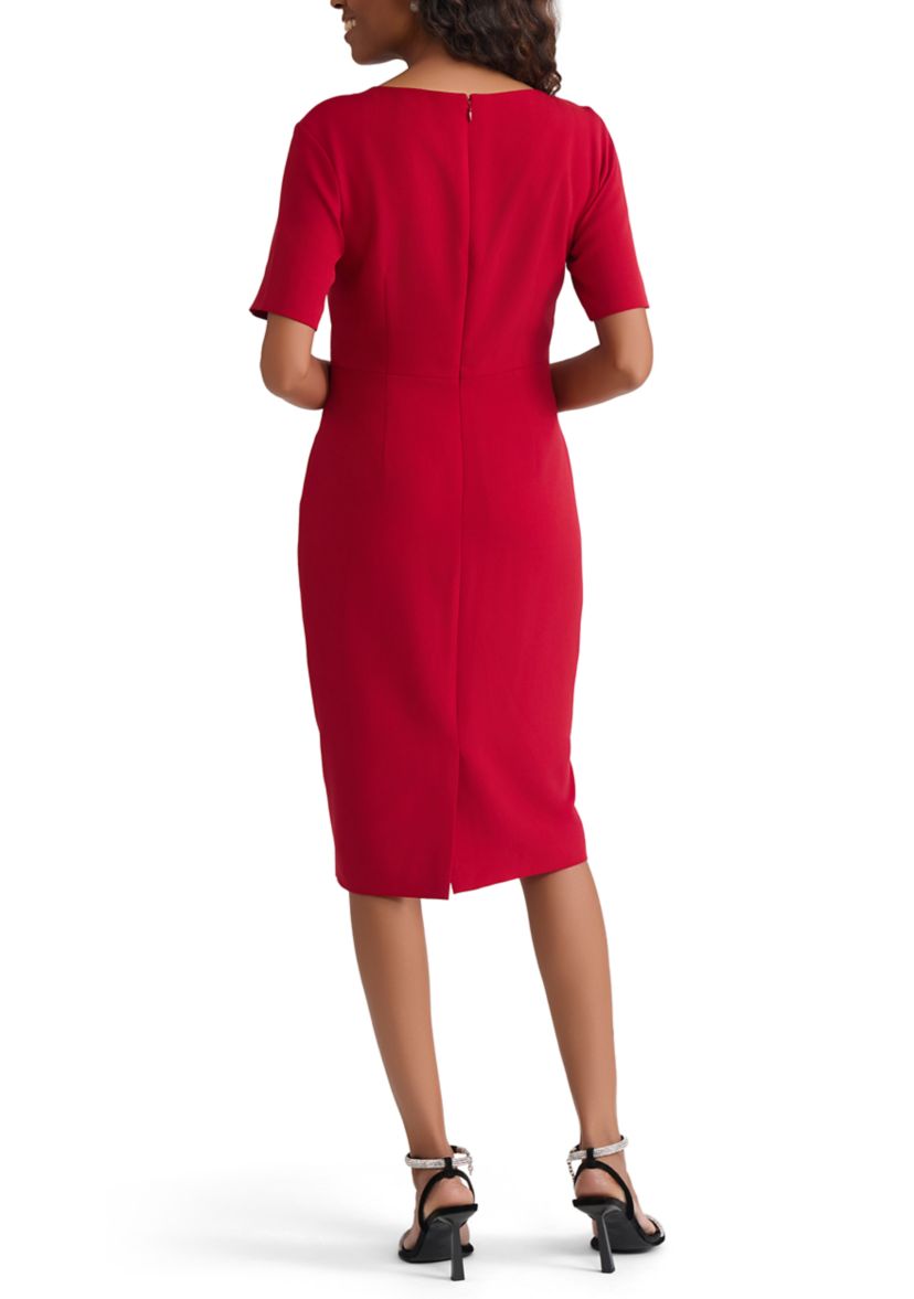Womens Stretch Crepe Elbow Sleeve Dress with Embellishment