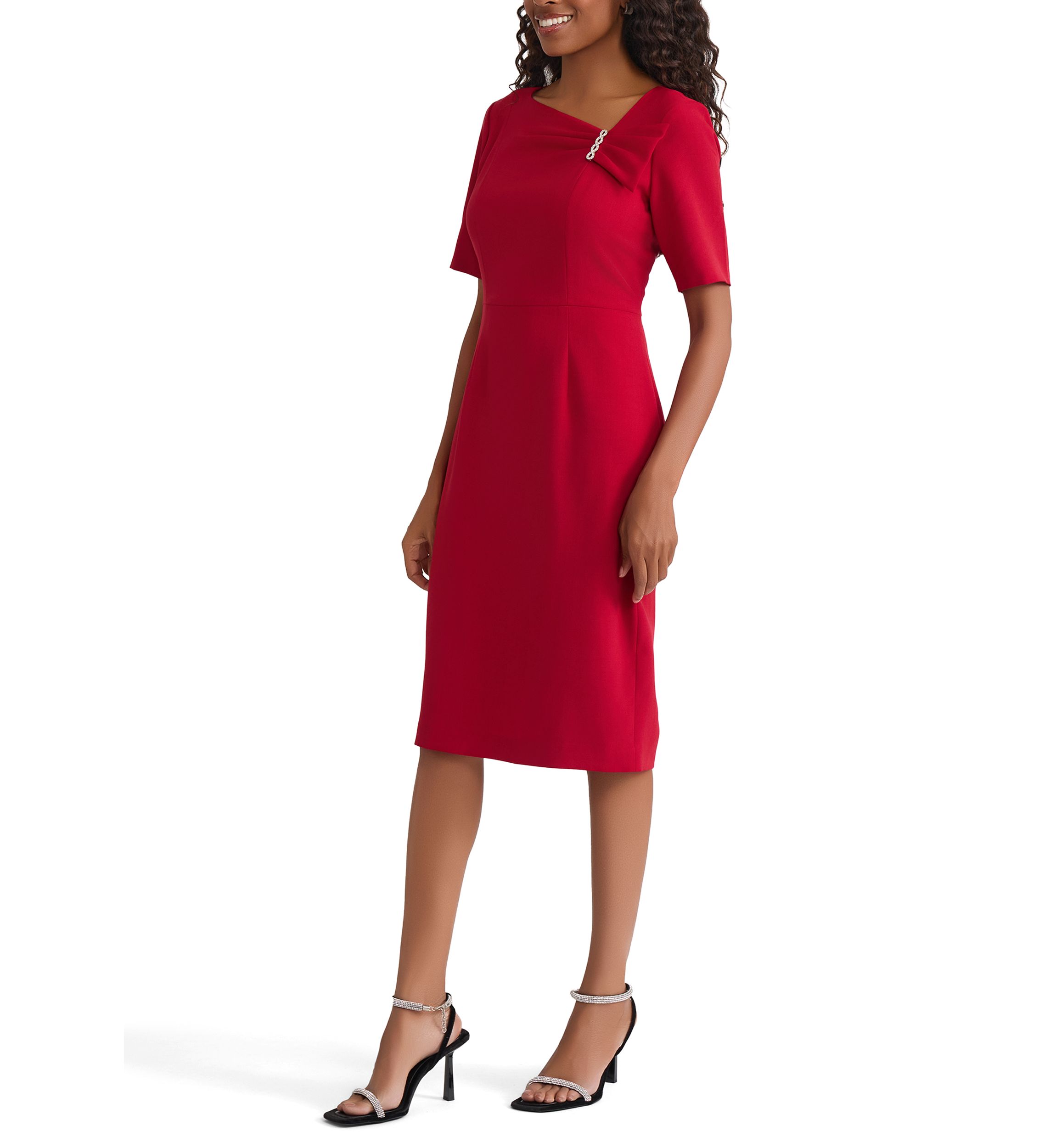 Womens Stretch Crepe Elbow Sleeve Dress with Embellishment