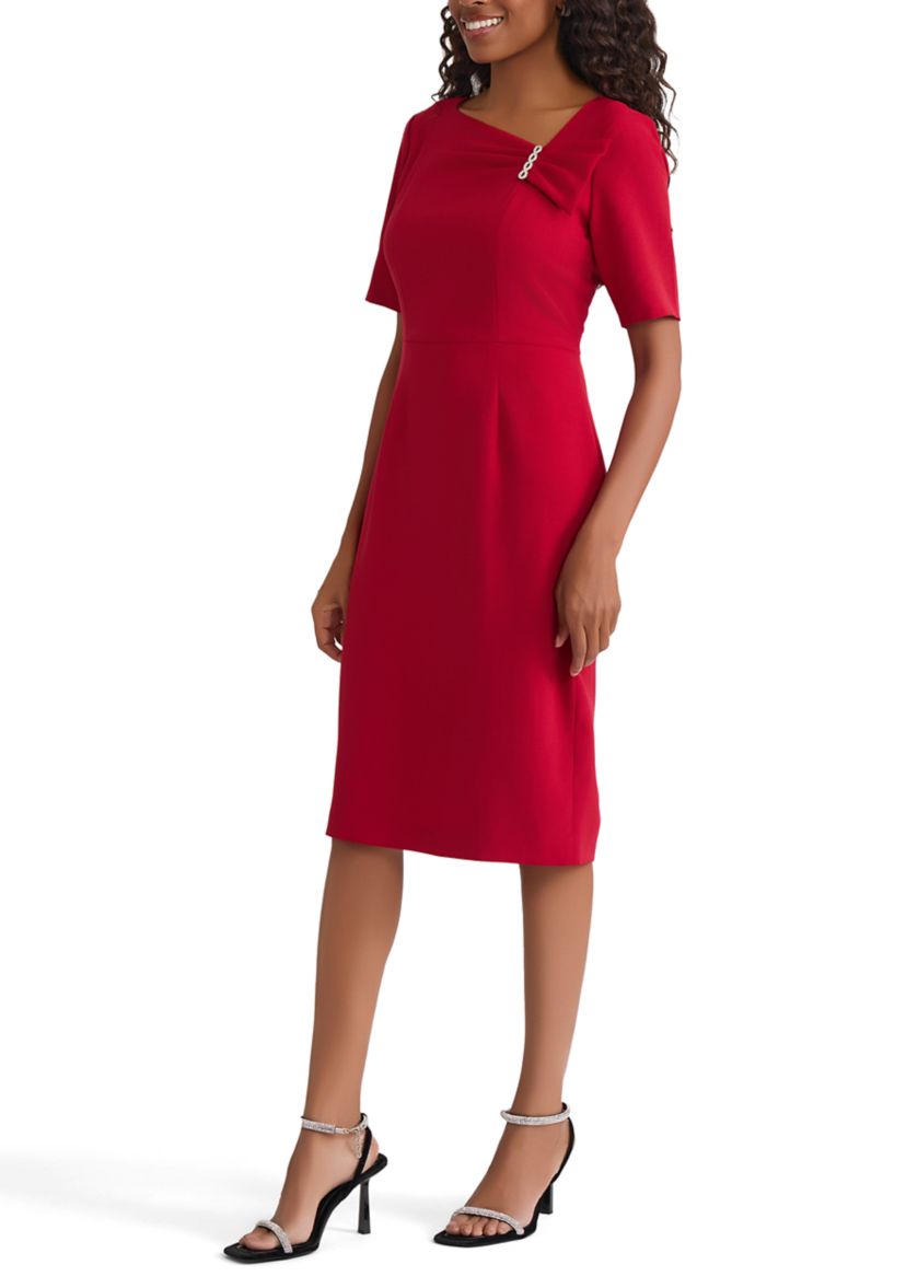 Womens Stretch Crepe Elbow Sleeve Dress with Embellishment