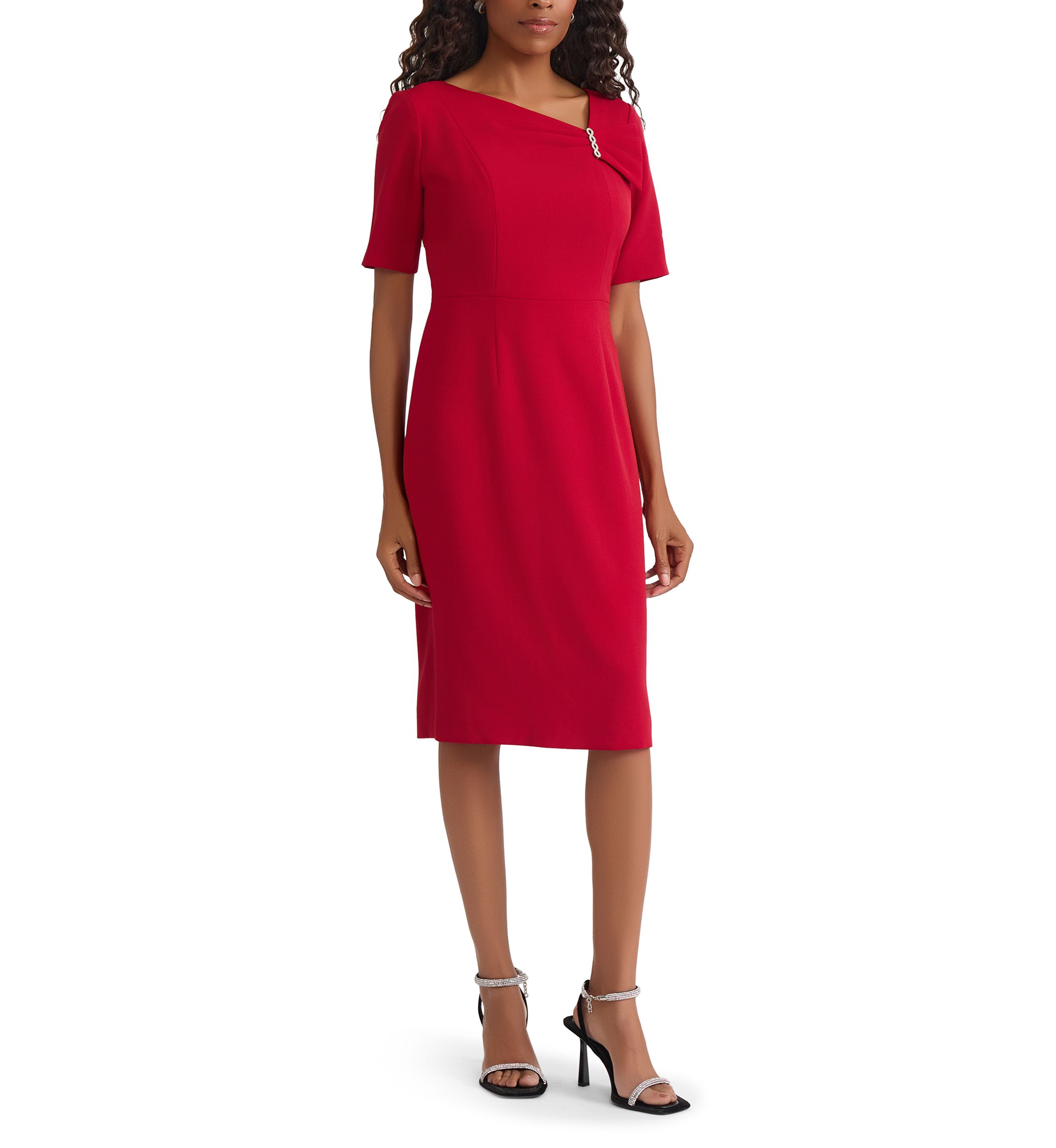 Petite Stretch Crepe Elbow Sleeve Dress with Embellishment