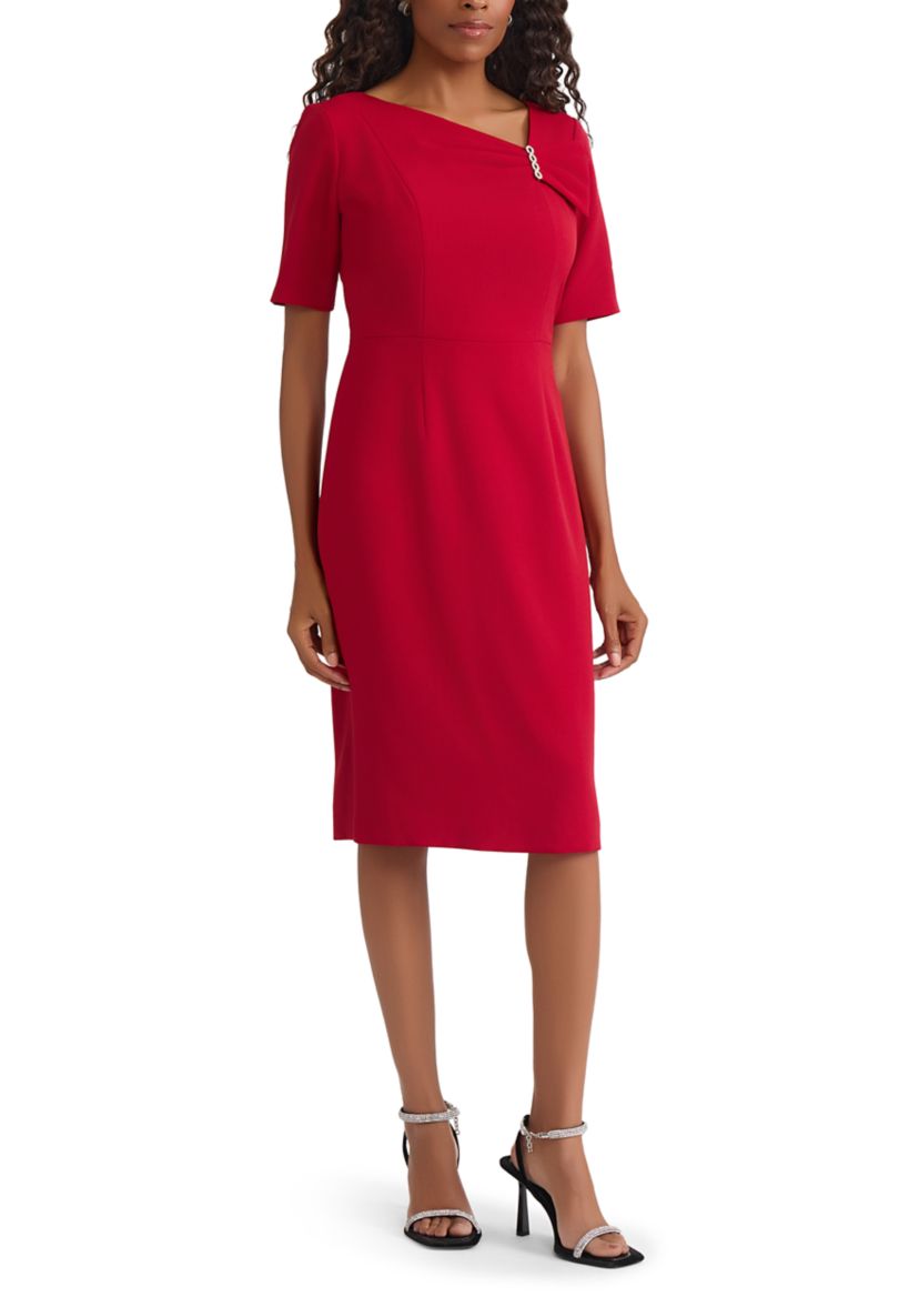 Petite Stretch Crepe Elbow Sleeve Dress with Embellishment