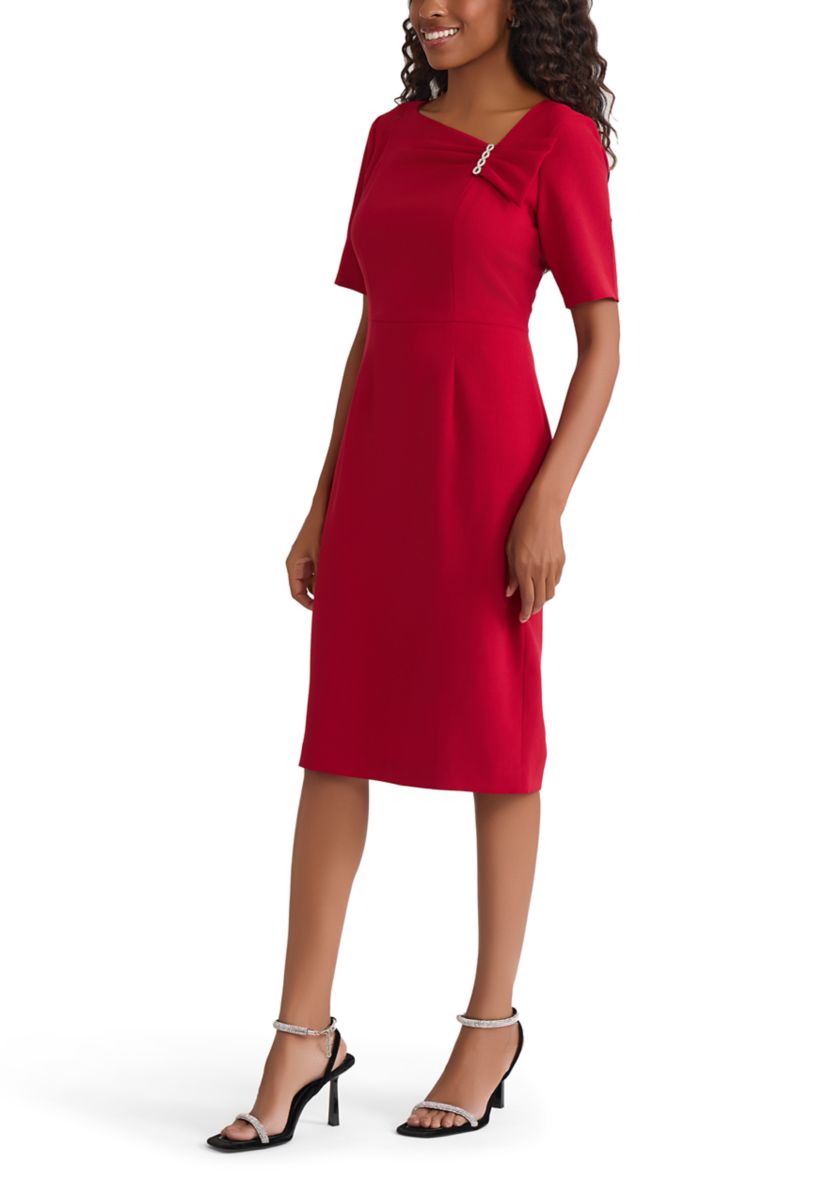 Petite Stretch Crepe Elbow Sleeve Dress with Embellishment