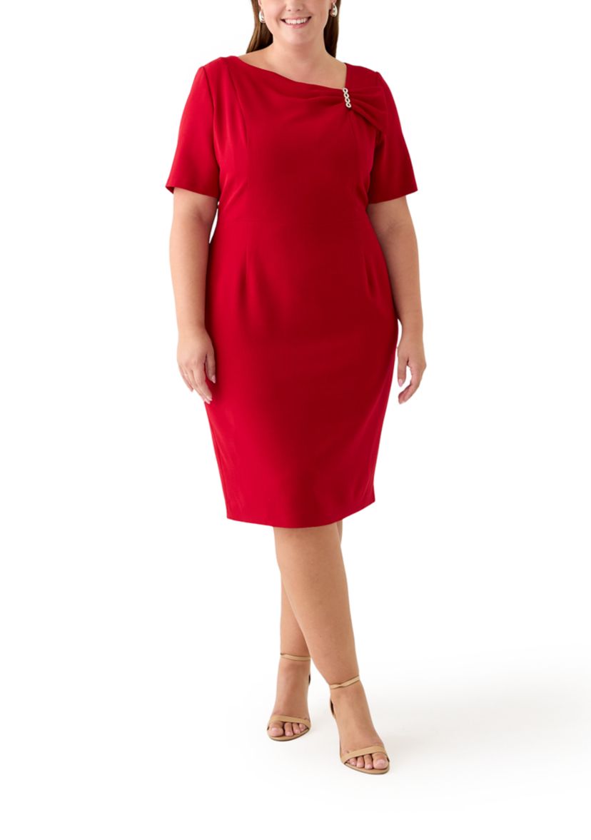 Plus Size Stretch Crepe Elbow Sleeve Dress with Embellishment