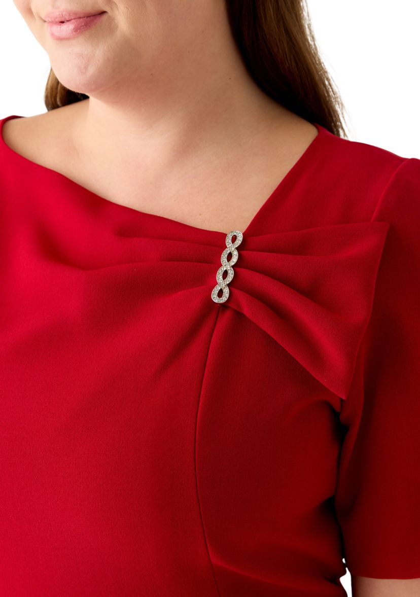 Plus Size Stretch Crepe Elbow Sleeve Dress with Embellishment