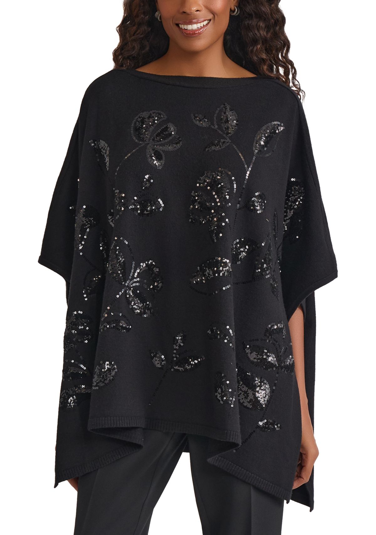 Womens Poncho with Floral Sequins
