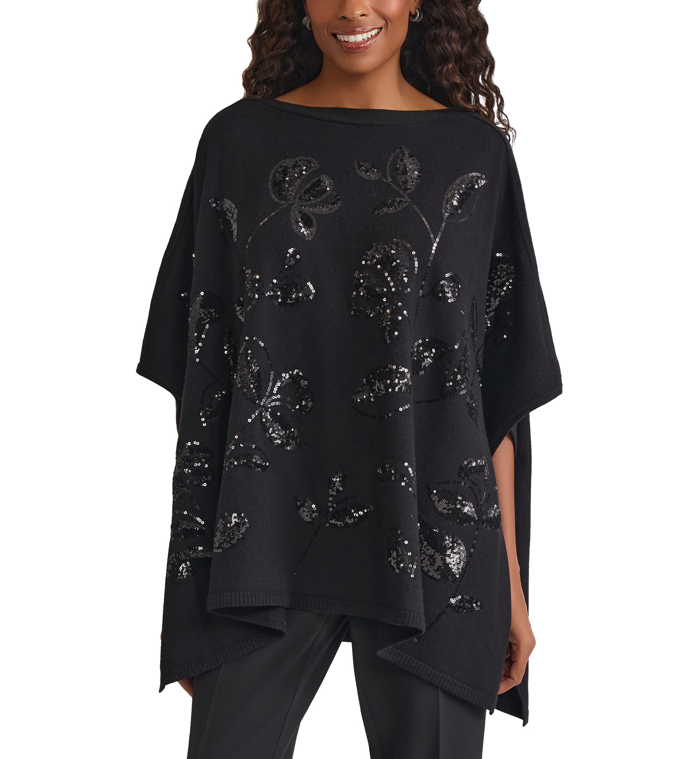 Womens Poncho with Floral Sequins