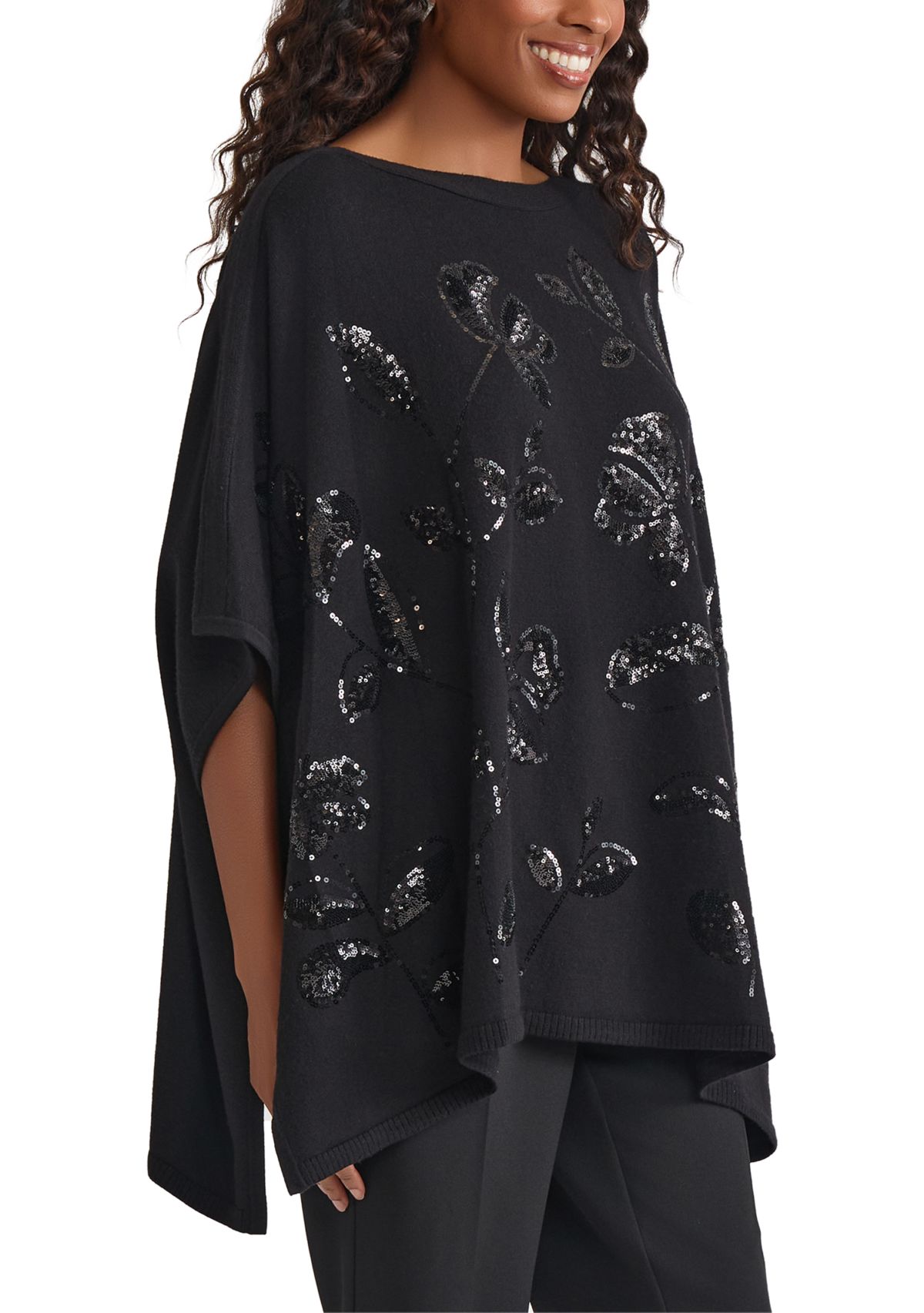 Womens Poncho with Floral Sequins