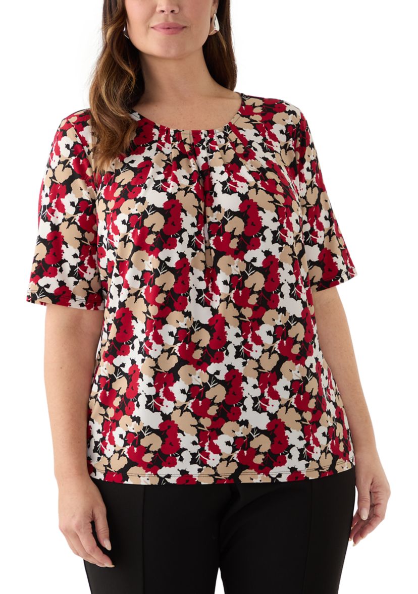 Plus Size Floral Print Elbow Sleeve Knit Top