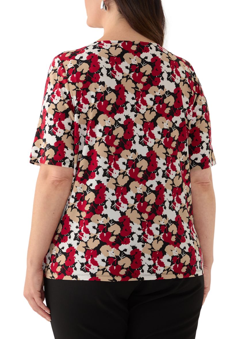 Plus Size Floral Print Elbow Sleeve Knit Top