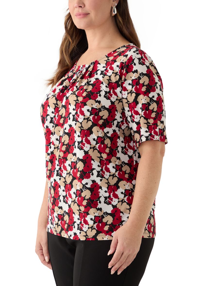 Plus Size Floral Print Elbow Sleeve Knit Top