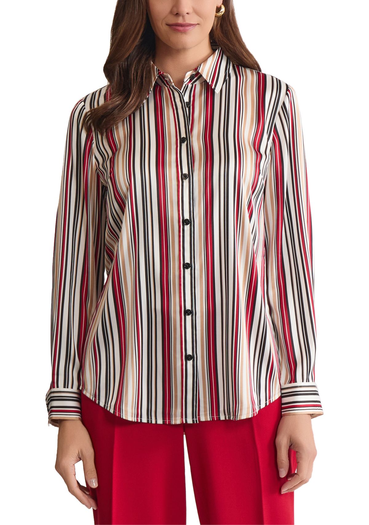 Womens Stripe Long Sleeve Button Front Blouse