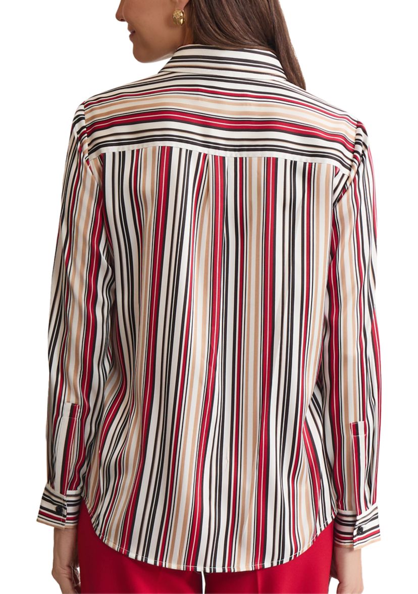 Womens Stripe Long Sleeve Button Front Blouse