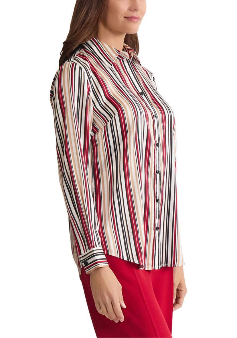 Womens Stripe Long Sleeve Button Front Blouse