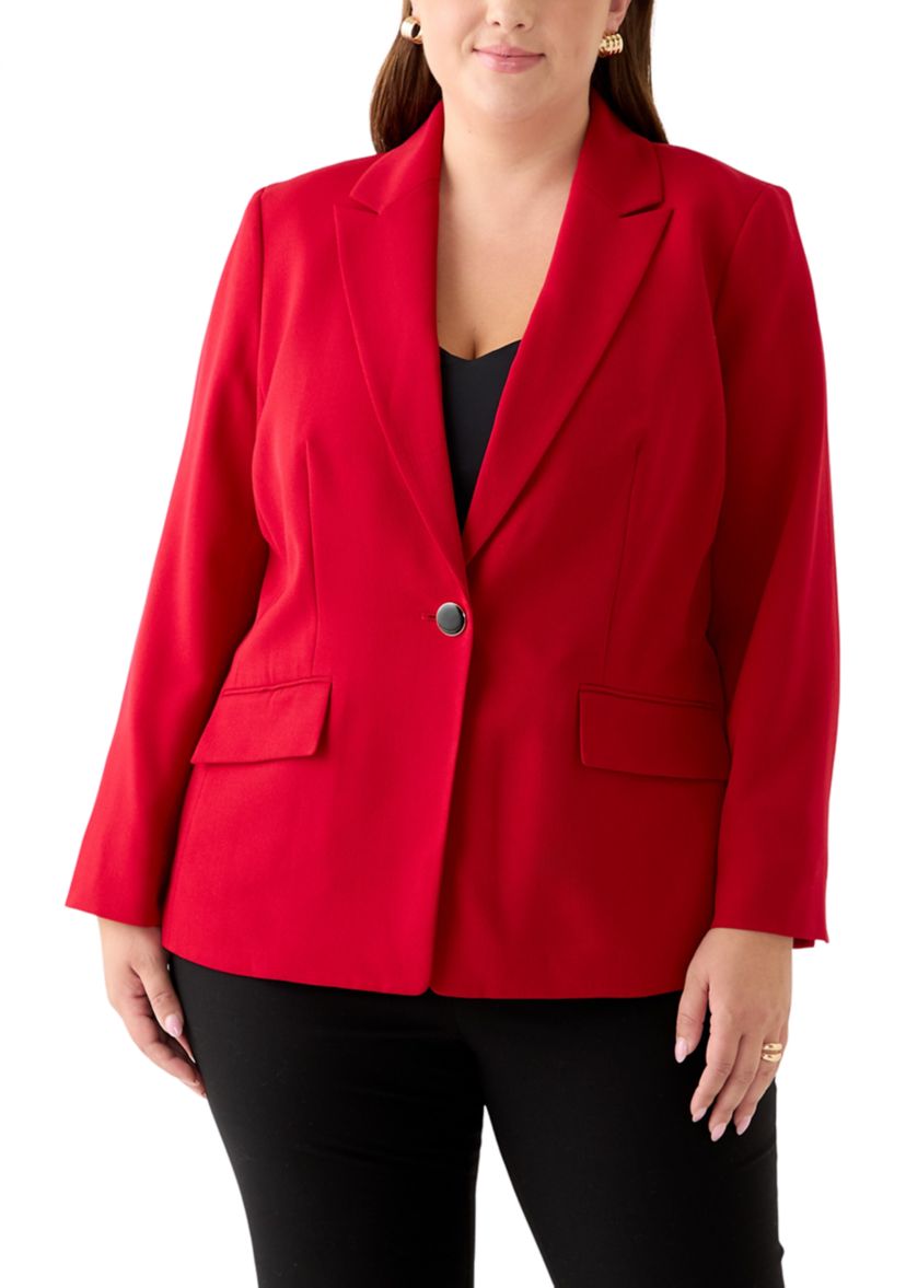 Plus Size Stretch Crepe One Button Jacket with Striped Lining 
