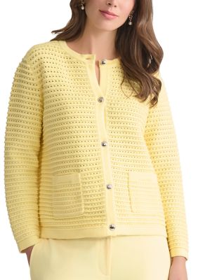 Kasper Women's Petite Texture Stitch Button Up Cardigan, Yellow, PXL