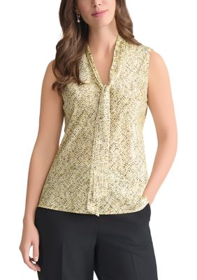 Kasper Women's Abstract Printed Sleeveless Tie Neck Blouse