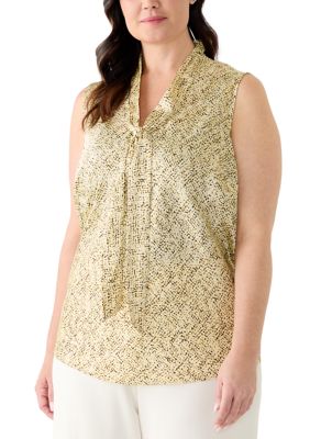 Kasper Women's Plus Size Sleeveless Bias Tie Neck Satin Blouse