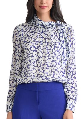 Kasper Women's Petite Floral Print Satin Striped Long Sleeve Tie Neck Blouse