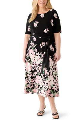 Kasper Women's Plus Size Floral Print Fit and Flare Knit Dress