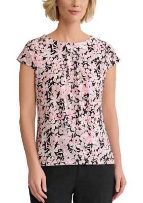 Kasper Women's Petite Mini Floral Printed Cap Sleeve Pleated Front Knit Top