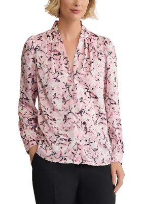 Kasper Women's Abstract Floral Print Button Front Blouse, Pink, XL
