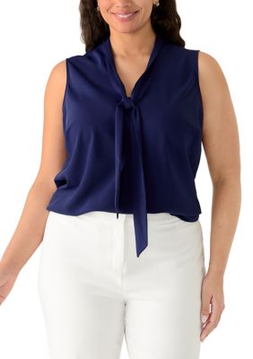 Kasper Women's Plus Size Sleeveless Bias Tie Front Blouse