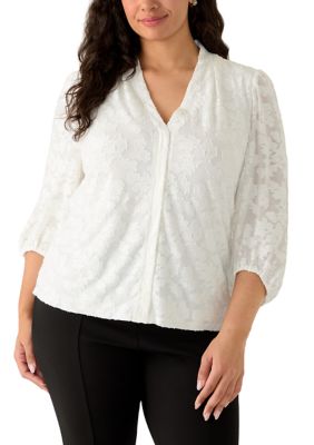 Kasper Women's Plus Size Blouson Sleeve Burnout Top, White, 2X