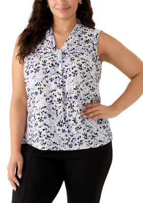 Kasper Women's Plus Size Sleeveless Knot Front Print Blouse