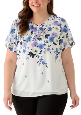 Kasper Women's Plus Size Tulip Sleeve Jewel Neck Blouse
