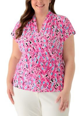 Kasper Women's Plus Size Short Sleeve Pleat Neck Knit Top