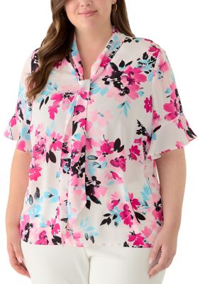 Kasper Women's Plus Size Tie Neck Flutter Sleeve Blouse