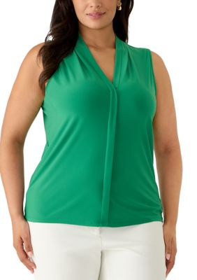 Kasper Women's Plus Size Sleeveless Pleat Neck Placket Front Top