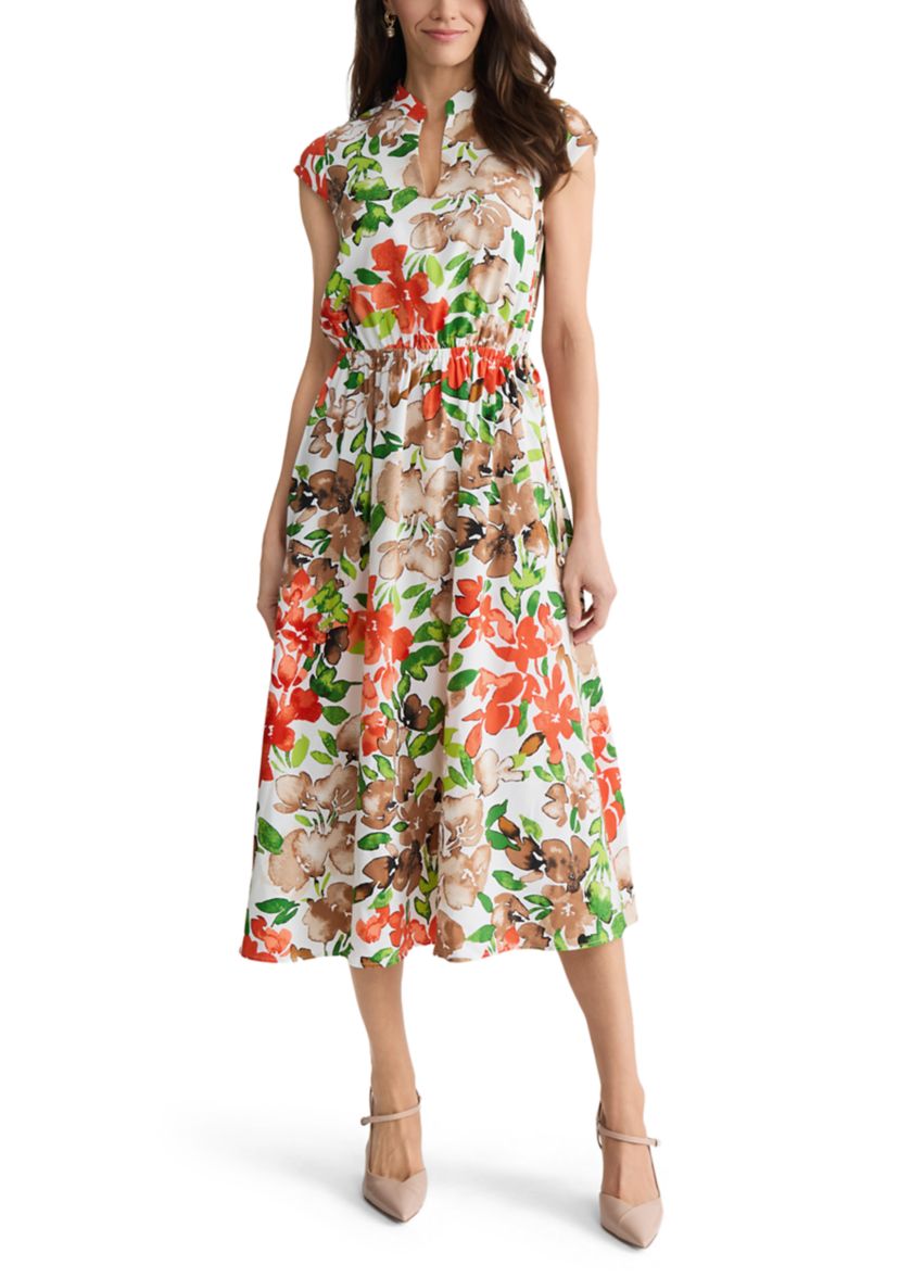 Kasper Petite V-Neck Cap-Sleeve Drawstring Waist Dress - Vanilla Ice Multi - Size 4P