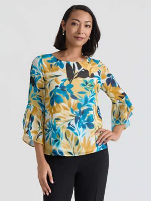 Kasper Women's Petite Multi Floral Print Ruffle Slv Blouse