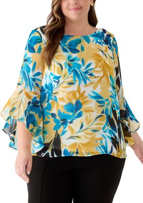 Kasper Women's Plus Size 3/4 Ruffle Sleeve Blouse