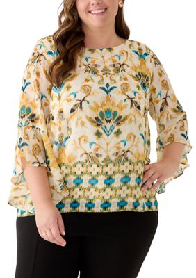 Kasper Women's Plus Size 3/4 Ruffle Sleeve Blouse