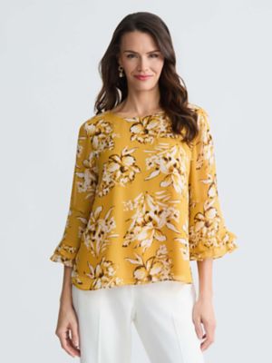 Kasper Women's Petite Floral Print Double Ruffle Slv Blouse