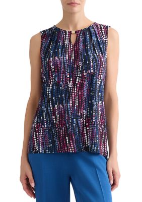 Kasper Women's Petite Sleeveless Pleat Neck Top with Hardware