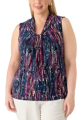Kasper Women's Plus Size Sleeveless Pleat Neck Blouse with Hardware