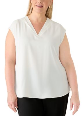 Kasper Women's Plus Size Sleeveless Pleat Neck Blouse
