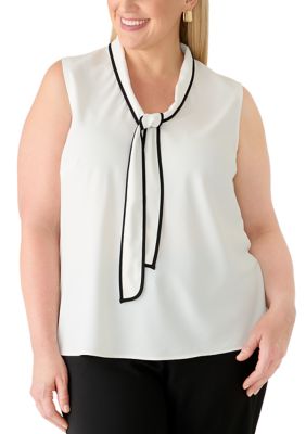 Kasper Women's Plus Size Sleeveless Bias Tie Front Blouse, 2X