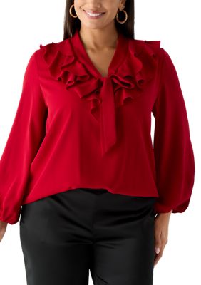 Kasper Women's Plus Size Long Sleeve Ruffle Front Tie Neck Blouse